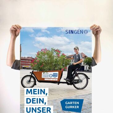 Plakatkampagne Produkteinführung TINK Plakat Garten Gurker, Jugendlicher mit Lastenrad und Pflanze