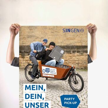 Plakatkampagne Produkteinführung TINK Plakat Party Pick-Up Boxen, Jugendliche mit Lastenrad und Musikbox